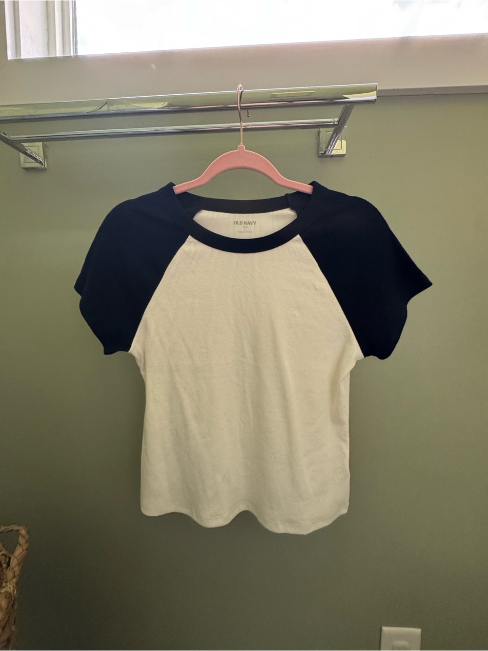 Old Navy White Tee with Navy Blue Raglan Sleeves